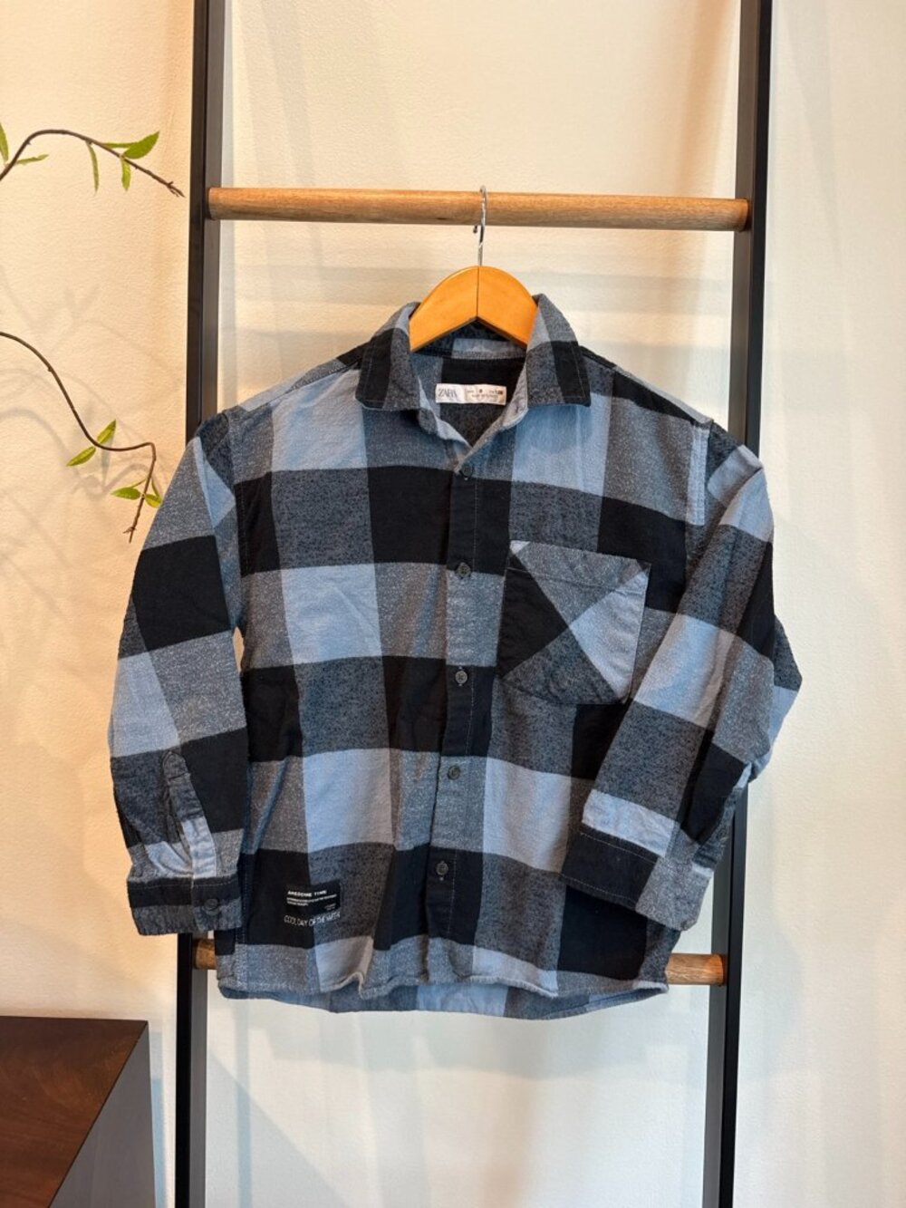 Zara Boys Plaid Flannel Button Down Shirt Black Gray Size 8